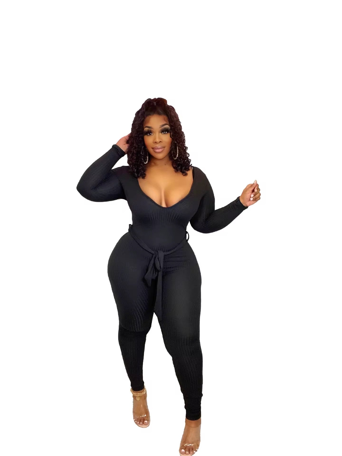 V-neck long sleeve jumper with belt